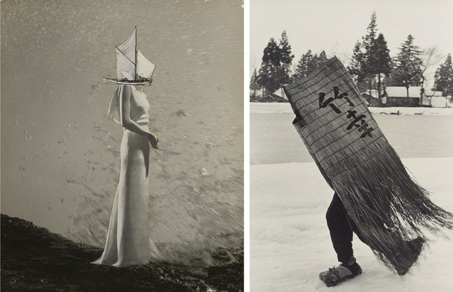 Fig. 1. (left) A Chronicle of Drifting (1949), by Kansuke Yamamoto, collage, © Toshio Yamamoto, private collection, Tokyo Metropolitan Museum of Photography. Fig. 2. (right) Man in a Traditional Minoboshi Raincoat, Niigata Prefecture (1956), by Hiroshi Hamaya, gelatin silver print, © Keisuke Katano, The J. Paul Getty Museum, Los Angeles.