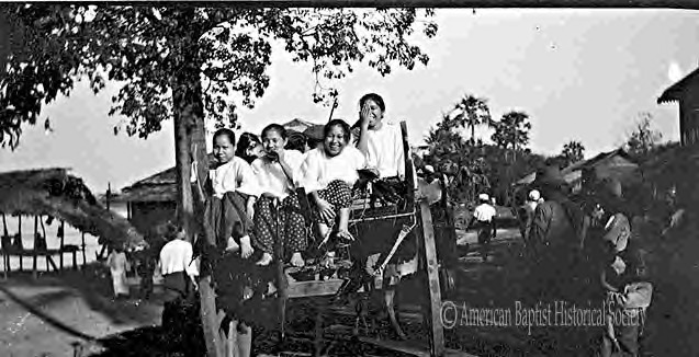 Four girls from the American Baptist Mission Karen Mission School in Daingwunkwin, Moulmein [Mon State], leaving Pa-an [Karen State] for a 20-mile bullock cart ride to Mowko [village]. February 3, 1922. 