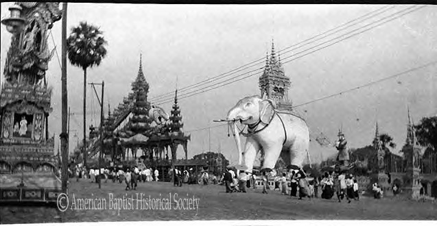Scene within the Shwe Dagon pagoda grounds, Rangoon, during celebration of the Buddhist Feast of Thabaung. March 7, 1925. 