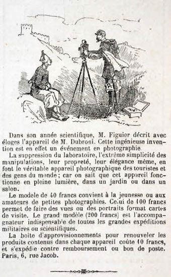 Fig. 1. Advertisement for Dubroni cameras, around 1866 (taken from Le Monde Illustré no. 462 - 17/02/1866). 