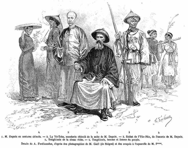 Fig. 5. Drawings after photographic portraits by Gsell, published in “The Conquest of the Tonkin Delta” (“La conquête du delta du Tong-kin”) by Romanet de Caillaud. The image shows Jean Dupuis with the Chinese official and Yunnanese guard who accompanied him, as well as northern Vietnamese of aristocratic and common classes.