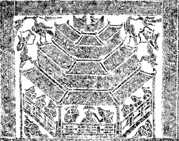 5 A three-level ge (pavilion), rubbing of a stone engraving. Feixian, Shandong, Eastern Han dynasty (25–220). Image from Shandongsheng bowuguan and Shandongsheng wenwu kaogu yanjiusuo, Shandong Han huaxiangshi xuanji (Jinan: Qilu shushe, 1982), plate 187