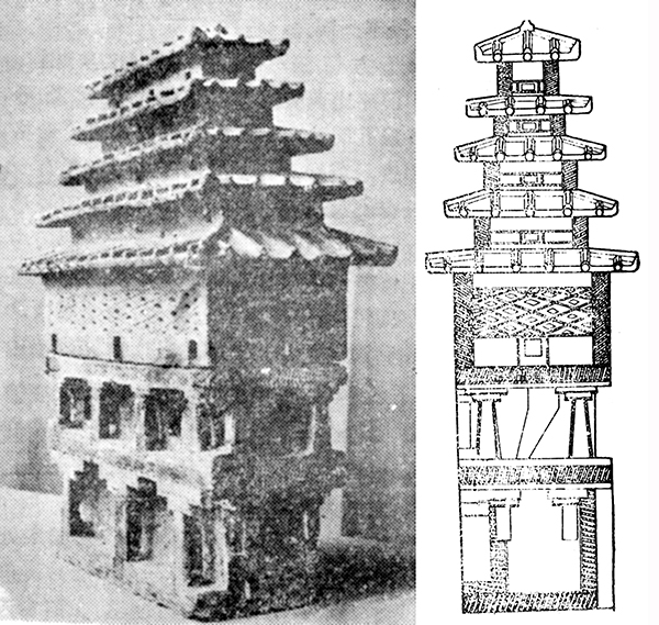 6a Mingqi, a seven-level structure, excavated from a tomb. Yingyang, Henan, Eastern Han dynasty (25–220). Photo from Zhang Songlin, “Yingyang Weihecun Handai qiceng taolou de faxian he yanjiu,” Zhongyuan wenwu 4 (1987), 45