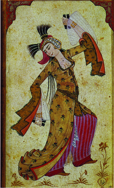 Figure 3. Levni, Dancer, Turkey, Ottoman empire, ca. 1720–­25. Opaque watercolor, gold, and silver on paper, 14.2 x 9 cm. Topkapı Sarayı Museum, H. 2164, f. 17b