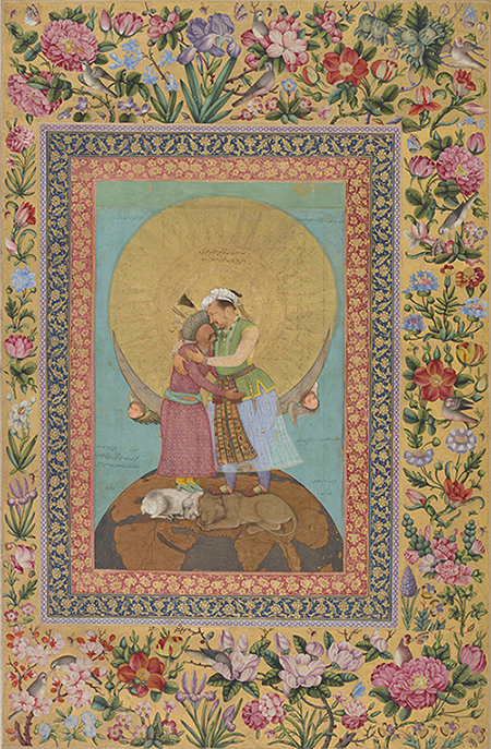 Figure 5. Abu’l Hasan, Jahangir Embracing Shah Abbas, India, Mughal dynasty, ca. 1618. Opaque watercolor, ink, silver, and gold on paper, 23.8 x 15.4 cm. Freer Gallery of Art and Arthur M. Sackler Gallery, Smithsonian Institution, Washington, DC: Purchase—­Charles Lang Freer Endowment, F1945.9a