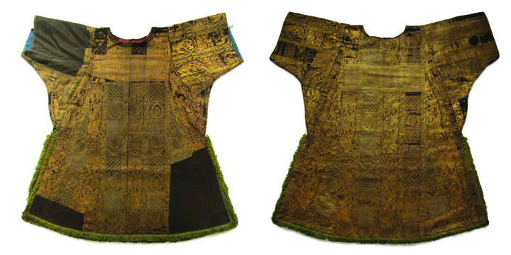 Figure 1. Dalmatic of Ornat I made of striped cloths-of-gold, front and back, Khorasan (?), 14th century. Lampas with a flat woven gilded leather strip as pattern weft (lancé). Kollegiatstift zur Alten Kapelle, Regensburg. Photograph by Corinne Mühlemann Figure 1. Dalmatic of Ornat I made of striped cloths-of-gold, front and back, Khorasan (?), 14th century. Lampas with a flat woven gilded leather strip as pattern weft (lancé). Kollegiatstift zur Alten Kapelle, Regensburg. Photograph by Corinne Mühlemann