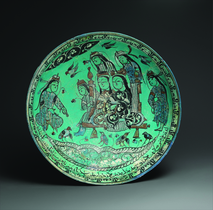 Figure 4. Abū Zayd al-Kāshānī, Bowl with a Majlis Scene by a Pond, Iran, dated 1186 CE/AH 582. Stonepaste; glazed in opaque turquoise, polychrome in-glaze- and overglaze-painted. Metropolitan Museum of Art, New York, Fletcher Fund, 1964, 64.178.1 Figure 4. Abū Zayd al-Kāshānī, Bowl with a Majlis Scene by a Pond, Iran, dated 1186 CE/AH 582. Stonepaste; glazed in opaque turquoise, polychrome in-glaze- and overglaze-painted. Metropolitan Museum of Art, New York, Fletcher Fund, 1964, 64.178.1