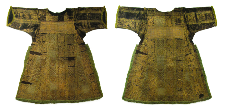 Figure 7. Tunicella of Ornat I made of striped cloths-of-gold, front and back, Khorasan (?), 14th century. Lampas with a flat woven gilded leather strip as pattern weft (lancé). Kollegiatstift zur Alten Kapelle, Regensburg. Photograph by Corinne Mühlemann Figure 7. Tunicella of Ornat I made of striped cloths-of-gold, front and back, Khorasan (?), 14th century. Lampas with a flat woven gilded leather strip as pattern weft (lancé). Kollegiatstift zur Alten Kapelle, Regensburg. Photograph by Corinne Mühlemann