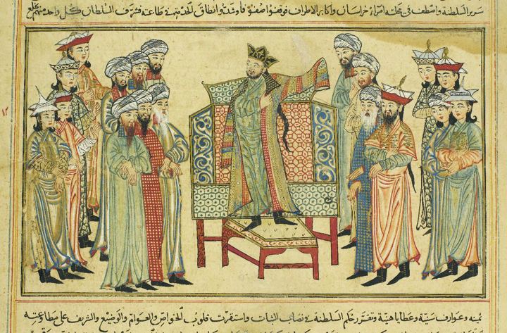 Figure 19. Maḥmūd of Ghazna donning a robe from the Caliph al-Qāhir in the year 999 CE/AH 389, from the Jāmi‛ at-tawārīkh, Iran, ca. 1315. Courtesy of Edinburgh University Library, Or. Ms. 20, fol. 121r. Digital image from the University of Edinburgh image collections, http://images.is.ed.ac.uk/ Figure 19. Maḥmūd of Ghazna donning a robe from the Caliph al-Qāhir in the year 999 CE/AH 389, from the Jāmi‛ at-tawārīkh, Iran, ca. 1315. Courtesy of Edinburgh University Library, Or. Ms. 20, fol. 121r. Digital image from the University of Edinburgh image collections, http://images.is.ed.ac.uk/