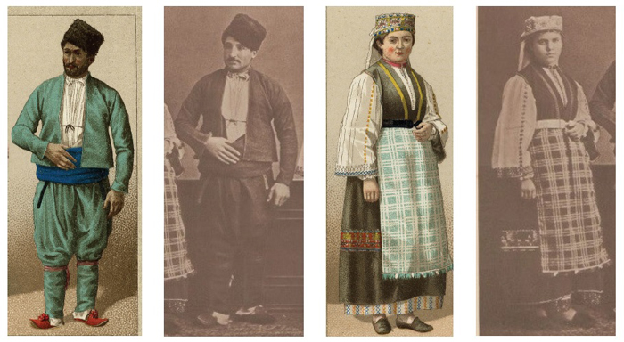 Figure 15. Auguste Racinet, Details of “European and Greek Turks,” from Les Costumes Historique, 1888 (Paris: Firmin-Dido), and Pascal Sébah, Detail of “Greek peasant from Monastir” (left) and detail of “Female farmer from Scutari” (right), from Elbise-i Osmaniye, Courtesy of Special Collections, Fine Arts Library, Harvard University