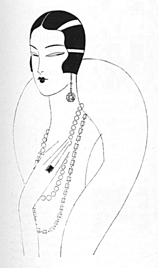 Figure 3. “East meets West when the ultra-smart woman of to-day, with her slick hair, coral lips, and finely lined eyebrows, wears jewels of the Orient; earrings of crystal and white gold and string of carved crystal beads; Ming Sun; oblong crystal beads; Gaza.” Vogue, June 15, 1924, p. 71 Figure 3. “East meets West when the ultra-smart woman of to-day, with her slick hair, coral lips, and finely lined eyebrows, wears jewels of the Orient; earrings of crystal and white gold and string of carved crystal beads; Ming Sun; oblong crystal beads; Gaza.” Vogue, June 15, 1924, p. 71