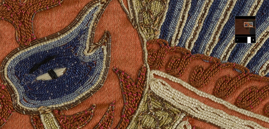Figure 5. Ultra-high-resolution detail photograph, “Taoists’ Brick-red Satin Ritual Robe with Gold Couching Embroidery Front,” Museum of Ethnic Costumes, Beijing Institute of Fashion Technology Figure 5. Ultra-high-resolution detail photograph, “Taoists’ Brick-red Satin Ritual Robe with Gold Couching Embroidery Front,” Museum of Ethnic Costumes, Beijing Institute of Fashion Technology