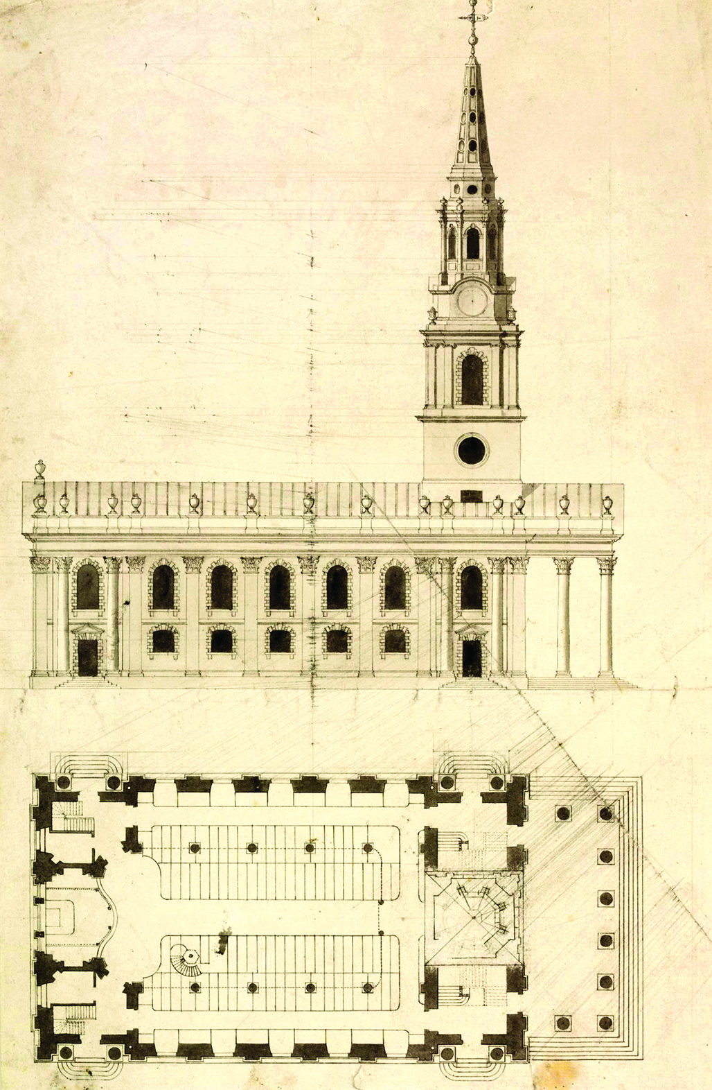 Figure 9. James Gibbs, Plan and North Elevation of the Church of St. Martin-in-the-Fields, 18th century. Drawing, 9.9 × 8.2 in. © Victoria and Albert Museum, London, E.3599-1913. Published in James Gibbs, A Book of Architecture, Containing Designs of Buildings and Ornaments (London: William Bowyer, 1728), plate 2 Figure 9. James Gibbs, Plan and North Elevation of the Church of St. Martin-in-the-Fields, 18th century. Drawing, 9.9 × 8.2 in. © Victoria and Albert Museum, London, E.3599-1913. Published in James Gibbs, A Book of Architecture, Containing Designs of Buildings and Ornaments (London: William Bowyer, 1728), plate 2