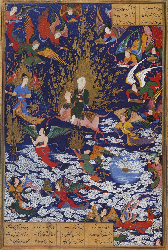 Figure 6. Sultan Muhammad (attr.; active ca. 1505–50), the Prophet Muhammad’s celestial ascent (mi‘raj), from Nizami’s Khamsa (Quintet), Tabriz, Iran, 1539–43. Illustrated manuscript, opaque watercolor and ink on paper; 28.7 x 18.6 cm (11.2 x 7.3 in). British Library, London, Or 2265, folio 195r