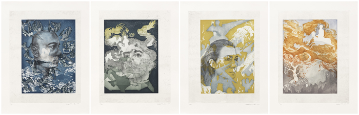 Figure 7. Shahzia Sikander, Portrait of the Artist, 2016, with accompanying text Breath of Miraj by Ayad Akhtar (b. 1970). Four etchings; each image 55.9 x 43.2 cm (22 x 17 in.). Published by Pace Editions, Inc. National Portrait Gallery, Smithsonian Institution, Washington, DC; acquired through Federal support from the Asian Pacific American Initiatives Pool, administered by the Smithsonian Asian Pacific American Center. © Shahzia Sikander