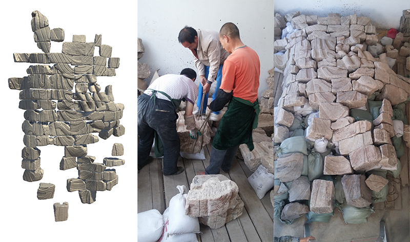 Alt-text: 3D rendering of small carved blocks arranged to reconstruct a sculpture Alt-text: 3D rendering of small carved blocks arranged to reconstruct a sculpture