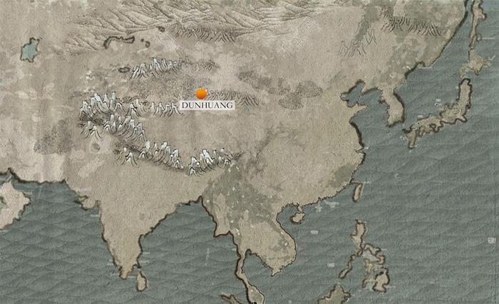 Alt-text: Watercolored brown map showing the tip of Oman to Japan with mountains drawn in. A large orange dot is labeled Dunhuang Alt-text: Watercolored brown map showing the tip of Oman to Japan with mountains drawn in. A large orange dot is labeled Dunhuang