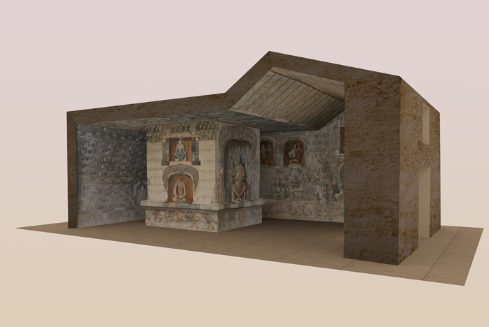 Alt-text: 3D rendering showing a three-quarters view into a room with the plain outerwalls and richly carved and colored paintings and sculptures in the interior. Alt-text: 3D rendering showing a three-quarters view into a room with the plain outerwalls and richly carved and colored paintings and sculptures in the interior.