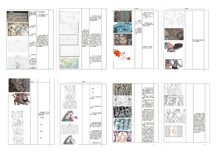 Alt-text: Eight rectangles showing storyboarding for film. Each have four thubmails with text to the right. Alt-text: Eight rectangles showing storyboarding for film. Each have four thubmails with text to the right.
