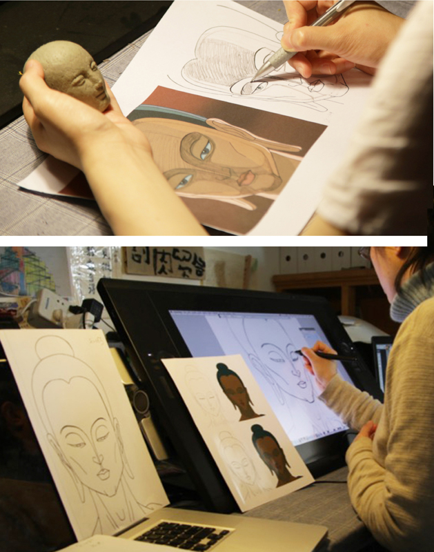 Alt-text: Two images of individuals drawing on paper and on tablets. Alt-text: Two images of individuals drawing on paper and on tablets.
