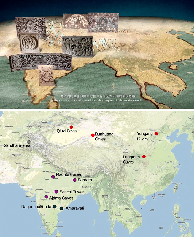 Alt-text: Map with thumbnails of paintings and carved reliefs and with cities indicated Alt-text: Map with thumbnails of paintings and carved reliefs and with cities indicated