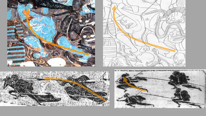 Alt-text: Four images showing animation of movement, from the painted wall relief to the line drawing with yellow arrows indicating the movement direction Alt-text: Four images showing animation of movement, from the painted wall relief to the line drawing with yellow arrows indicating the movement direction