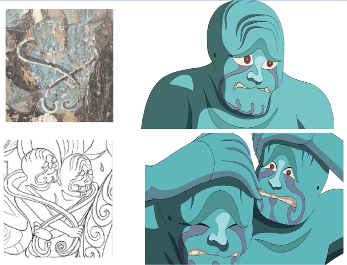 Alt-text: Four images showing detail of two blue figures in a cave wall painting, line drawing, and then animation Alt-text: Four images showing detail of two blue figures in a cave wall painting, line drawing, and then animation