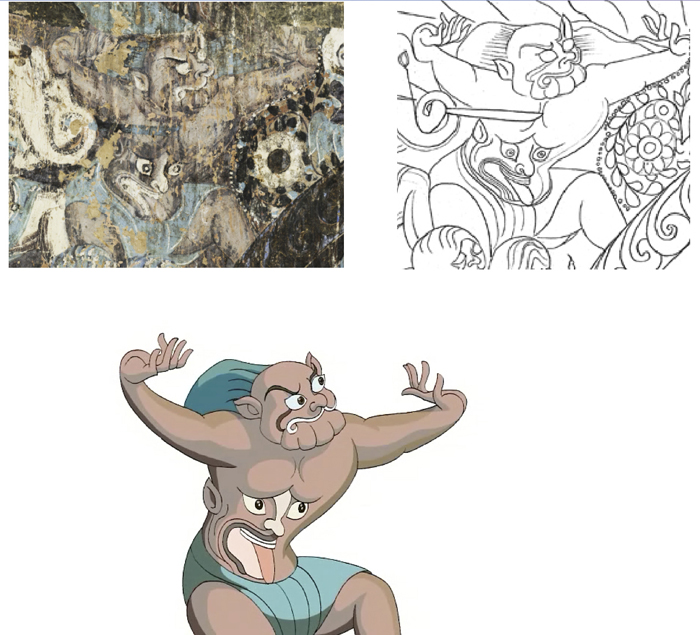 Alt-text: Transformation of a demon from a wall painting to a line drawing to animation still Alt-text: Transformation of a demon from a wall painting to a line drawing to animation still