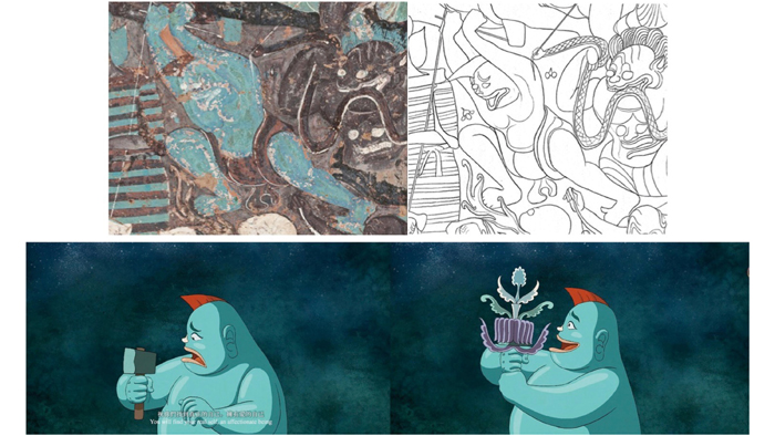 Alt-text: Four images showing the transformation from the representation of blue figure in the wall paintings to line drawings to animation Alt-text: Four images showing the transformation from the representation of blue figure in the wall paintings to line drawings to animation