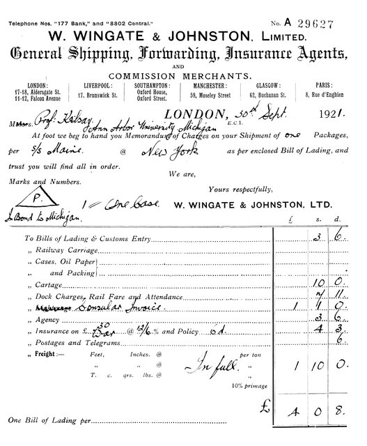 Fig. 3. Bill for shipping of Petrie artifacts to Francis W. Kelsey via the SS Maine, 30 September 1921.: Bentley Historical Library, University of Michigan. Fig. 3. Bill for shipping of Petrie artifacts to Francis W. Kelsey via the SS Maine, 30 September 1921.: Bentley Historical Library, University of Michigan.