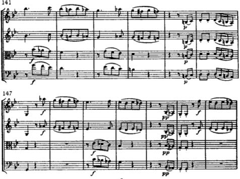 Example 1: After each of these pauses, Haydn inserts a brief assertive motif that also interrupts the flow (the unisons of mm. 146-147 and m. 152). He then continues from the point where he cut off the music before the pause. In that way, the impression is created of repeated disruptions in the course of a movement. Example 1: After each of these pauses, Haydn inserts a brief assertive motif that also interrupts the flow (the unisons of mm. 146-147 and m. 152). He then continues from the point where he cut off the music before the pause. In that way, the impression is created of repeated disruptions in the course of a movement.