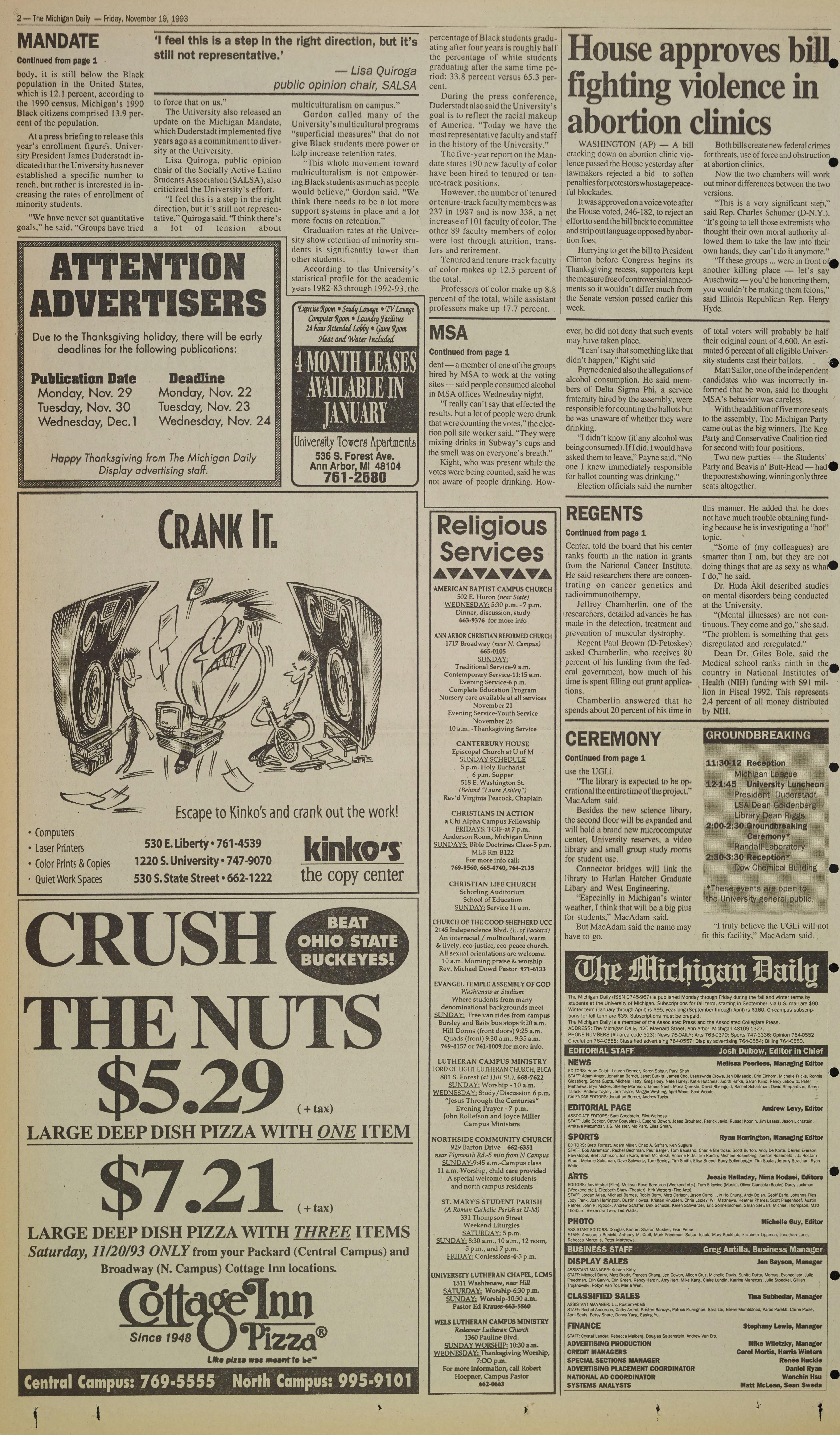 Michigan Daily Digital Archives November 19 1993 Vol