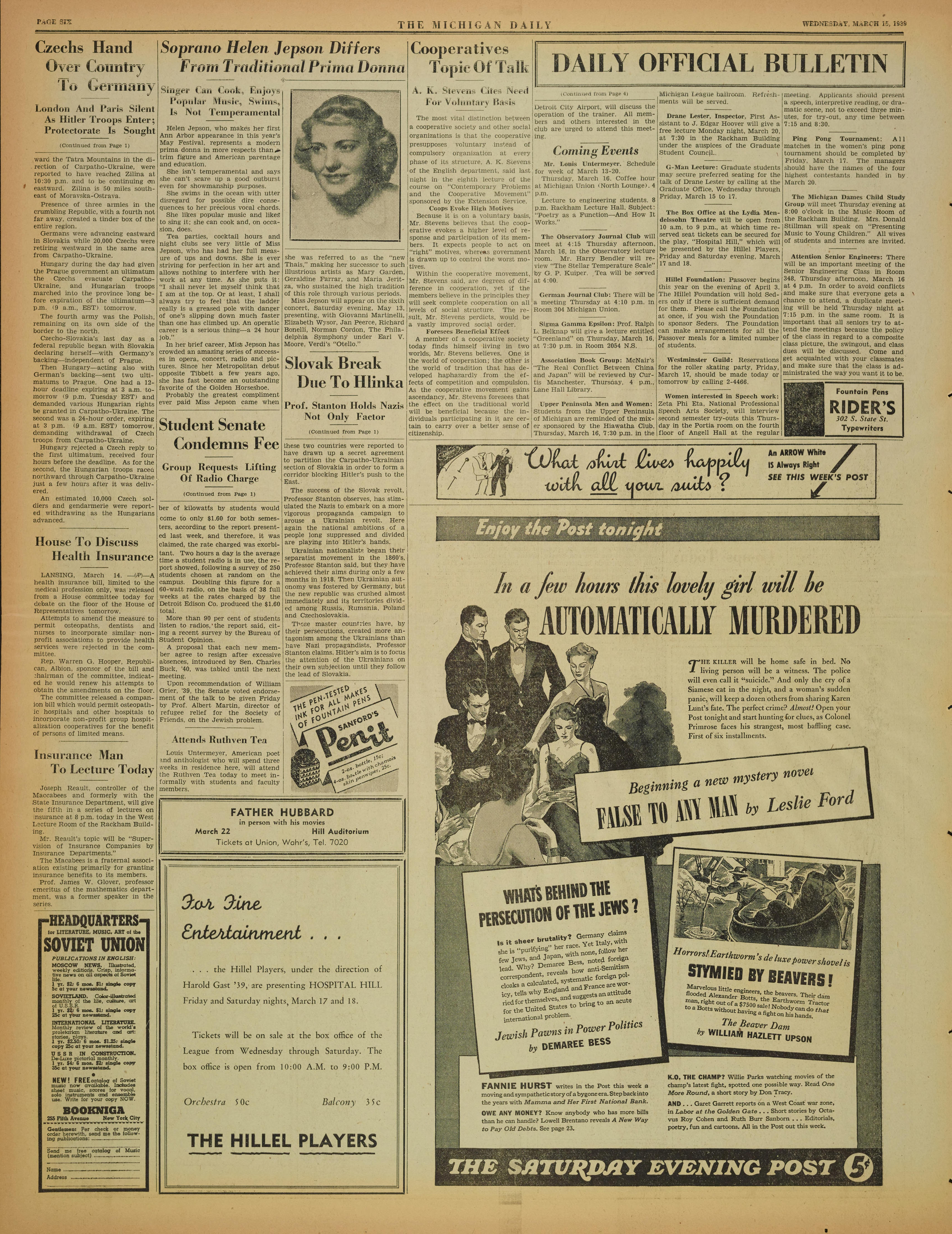 Michigan Daily Digital Archives March 15 1939 Vol 49 Iss