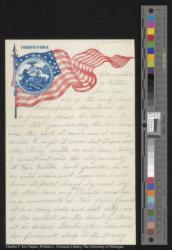 [Printed patriotic stationery featuring two horses, a ship, and an eagle in an emblem on an American flag]