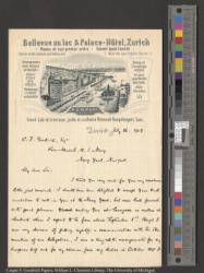 [Printed stationery for the Bellevue au lac & Palace-Hôtel in Zurich, Switzerland, featuring a wide shot of the hotel and surrounding buildings overlooking Lake Zurich, a mountain range visible in the distance]