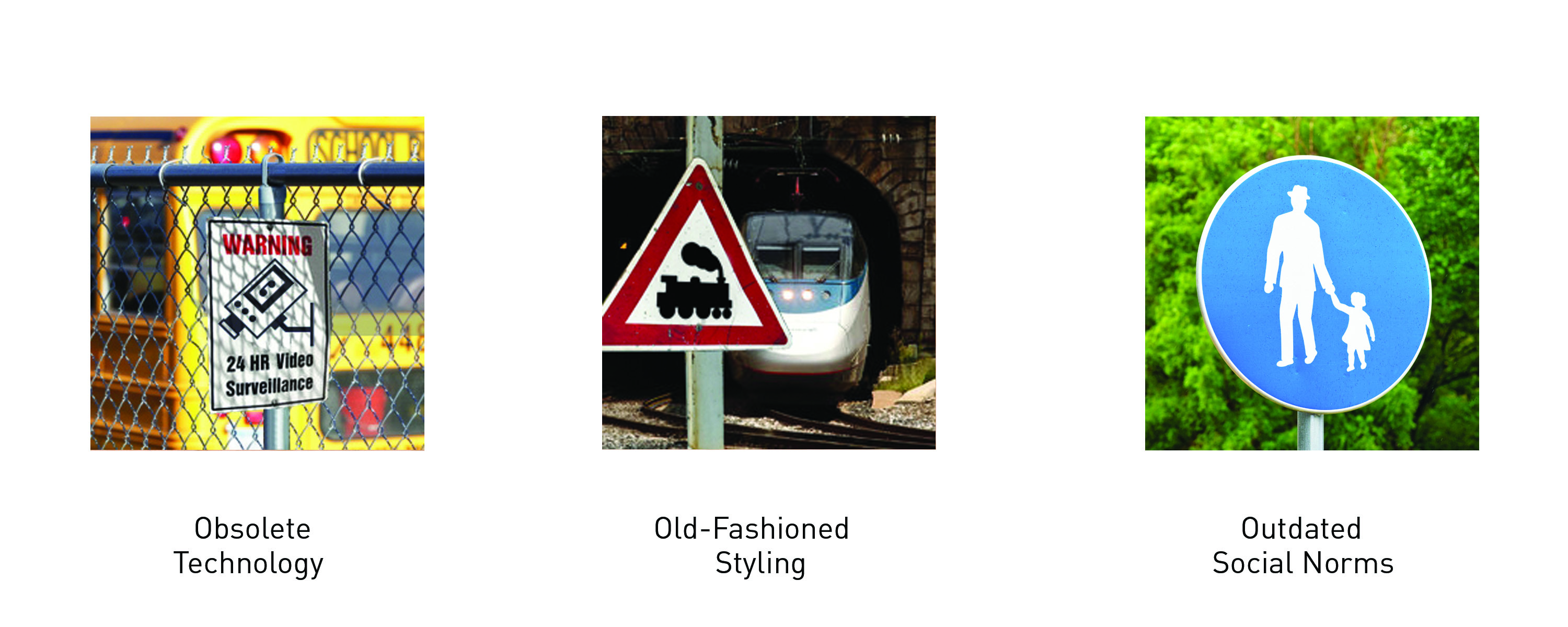 Figure 1.: Obsolescence of Styling: Iconographic visual signage is made obsolescent
as technology and styles change, and social norms become outdated. Source: Dobson, T. 2016. Figure 1.: Obsolescence of Styling: Iconographic visual signage is made obsolescent
as technology and styles change, and social norms become outdated. Source: Dobson, T. 2016.