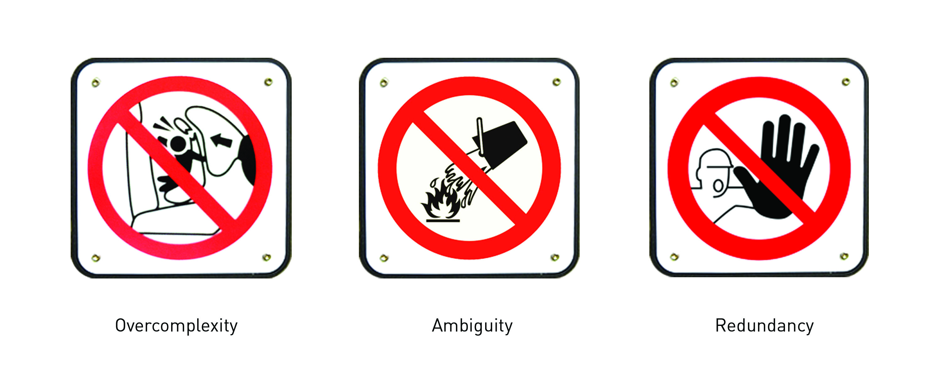 Figure 8.: Taken Out of Context: Circle-slash confusion results from their being used in ways that are overcomplex, ambiguous and graphically redundant. The circle-slash has become a symbolic index to signify ‘NO’ in the specific location in which it appears, which is why taking it out of context often renders it nonsensical. Source: Dobson, T. 2016. Figure 8.: Taken Out of Context: Circle-slash confusion results from their being used in ways that are overcomplex, ambiguous and graphically redundant. The circle-slash has become a symbolic index to signify ‘NO’ in the specific location in which it appears, which is why taking it out of context often renders it nonsensical. Source: Dobson, T. 2016.