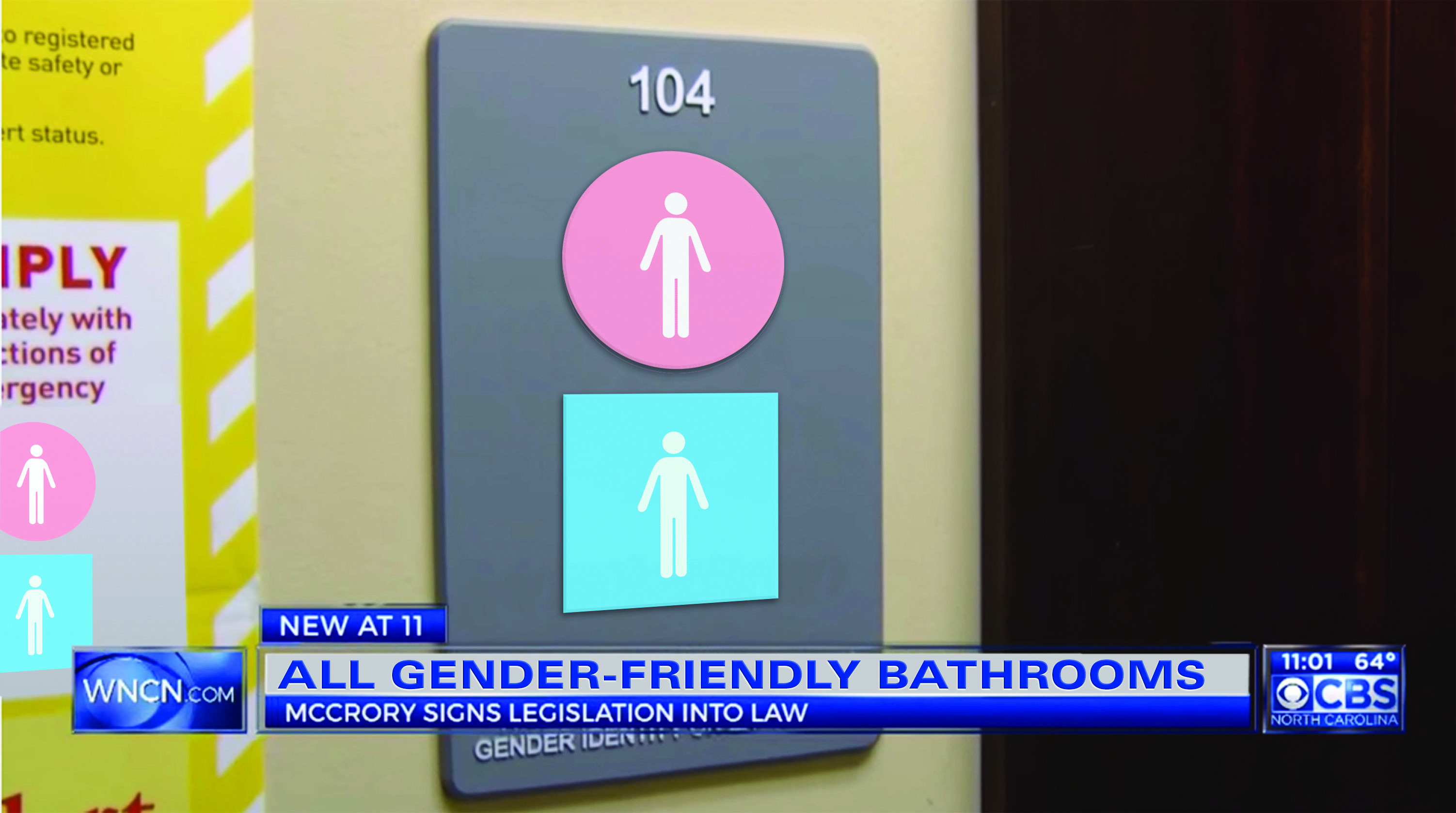 Figure 17.: Socially Symbolic Indexical Signage: ‘Faux’ television news graphic depicting the ‘reimagined’ all-gender-friendly bathroom signage solution. Source: Dobson, T. 2016. Figure 17.: Socially Symbolic Indexical Signage: ‘Faux’ television news graphic depicting the ‘reimagined’ all-gender-friendly bathroom signage solution. Source: Dobson, T. 2016.