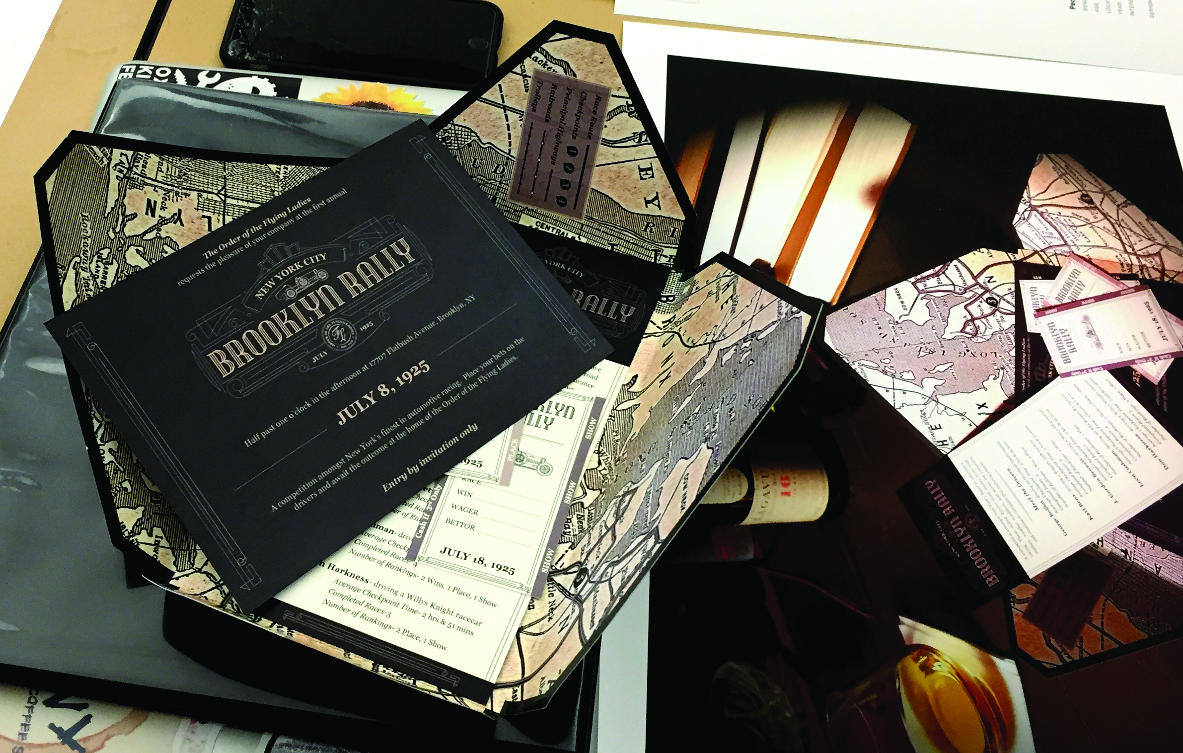 Figure 3: A suite of materials for attending and betting on the Brooklyn Rally, a secret, upscale auto race in 1925 that would appeal to rally racing aficionados seeking excitement during the era of prohibition. Designed by Kendra Huspaska. Figure 3: A suite of materials for attending and betting on the Brooklyn Rally, a secret, upscale auto race in 1925 that would appeal to rally racing aficionados seeking excitement during the era of prohibition. Designed by Kendra Huspaska.