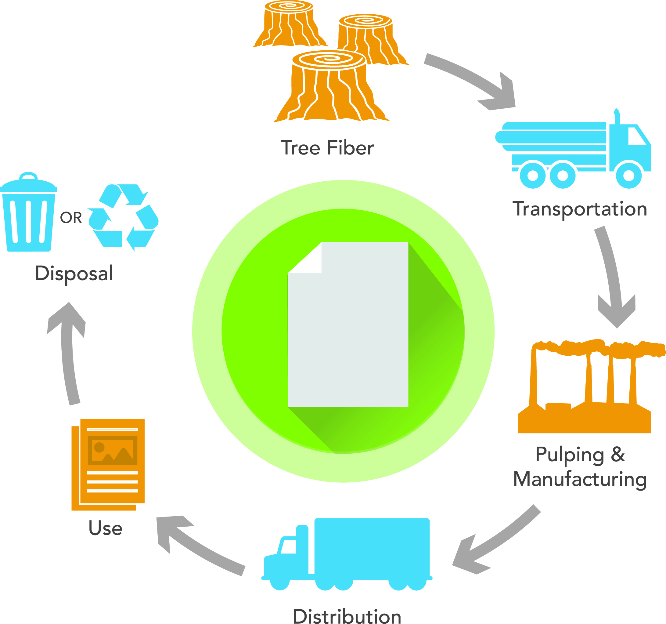 Figure 3: A graphically simplified depiction of the paper supply-to-disposal chain as it is currently operated in many of the industrialized nations in the world, such as the U.S., China, the U.K., Germany, France, Russia and India. Figure 3: A graphically simplified depiction of the paper supply-to-disposal chain as it is currently operated in many of the industrialized nations in the world, such as the U.S., China, the U.K., Germany, France, Russia and India.