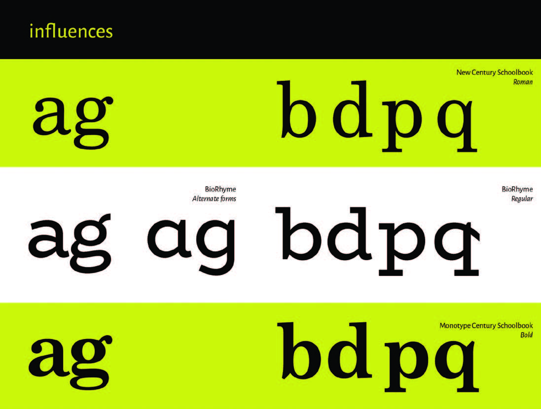 Figures 10a: (Left) This illustration depicts how the design of the typeface BioRhyme has been influenced by Century Schoolbook.Source: Mooney, A. 2016. Figures 10a: (Left) This illustration depicts how the design of the typeface BioRhyme has been influenced by Century Schoolbook.Source: Mooney, A. 2016.