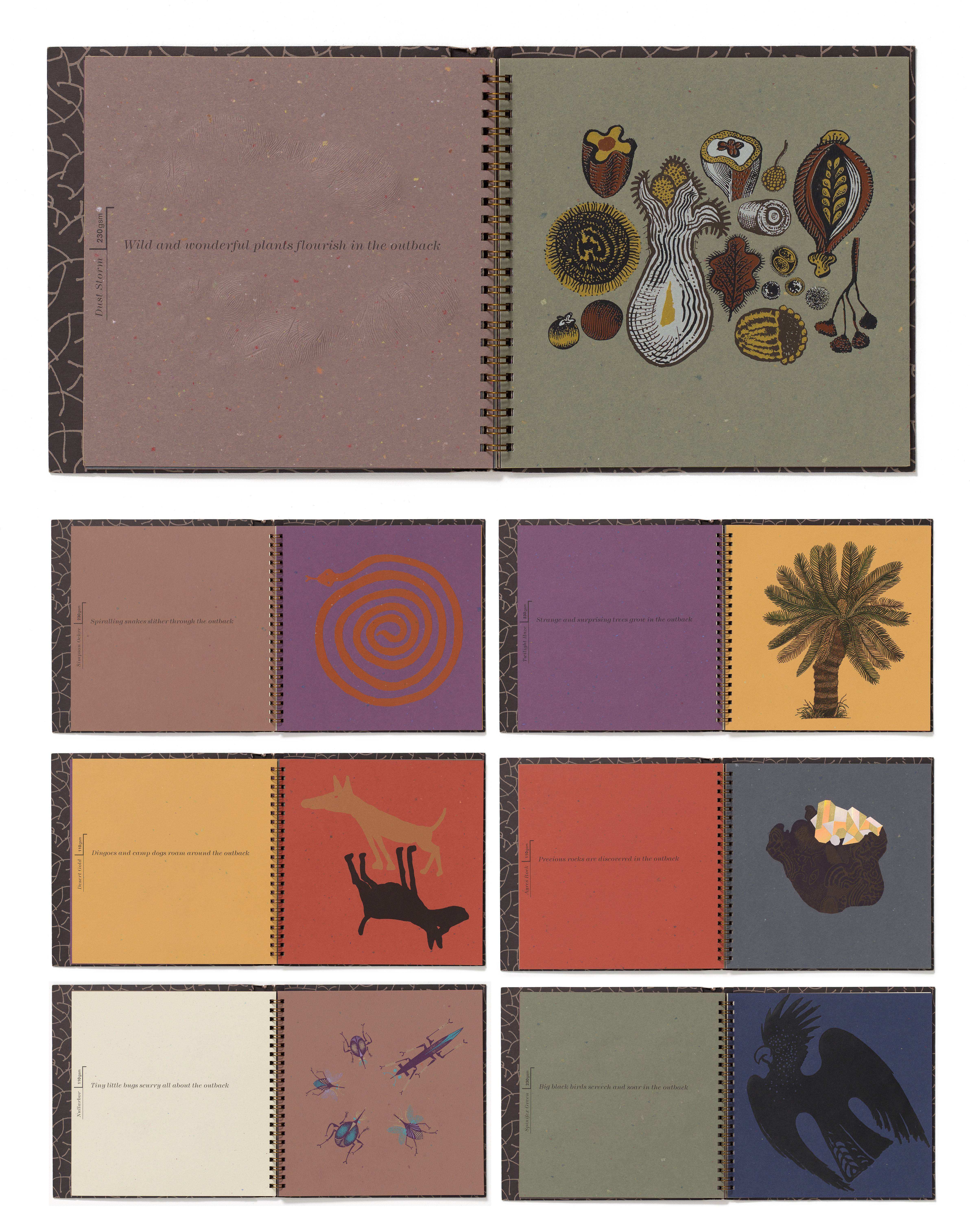 Figures 8 (top) - 9 (bottom): Outback paper promotion, Australian Paper, 1990s. “The technicians at Avon used to say, ‘God, here comes Lancashire…’” Combined or used in isolation, techniques such as intaglio, raised verko printing, foil stamping, embossing and debossing all evoke Lancashire’s experience of the Australian bush. With no wish to separate art and graphic design production, a perspective instilled by his early in-structor Henshall, Lancashire seeks diversity across his use of tools to engineer a wide variety of results. Figures 8 (top) - 9 (bottom): Outback paper promotion, Australian Paper, 1990s. “The technicians at Avon used to say, ‘God, here comes Lancashire…’” Combined or used in isolation, techniques such as intaglio, raised verko printing, foil stamping, embossing and debossing all evoke Lancashire’s experience of the Australian bush. With no wish to separate art and graphic design production, a perspective instilled by his early in-structor Henshall, Lancashire seeks diversity across his use of tools to engineer a wide variety of results.