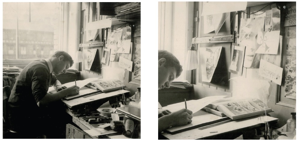 Figures 1-2: David Lancashire working under the desk light mounted on the barn door hinge at Industrial Art Services, Manchester, U.K., 1960s. Figures 1-2: David Lancashire working under the desk light mounted on the barn door hinge at Industrial Art Services, Manchester, U.K., 1960s.