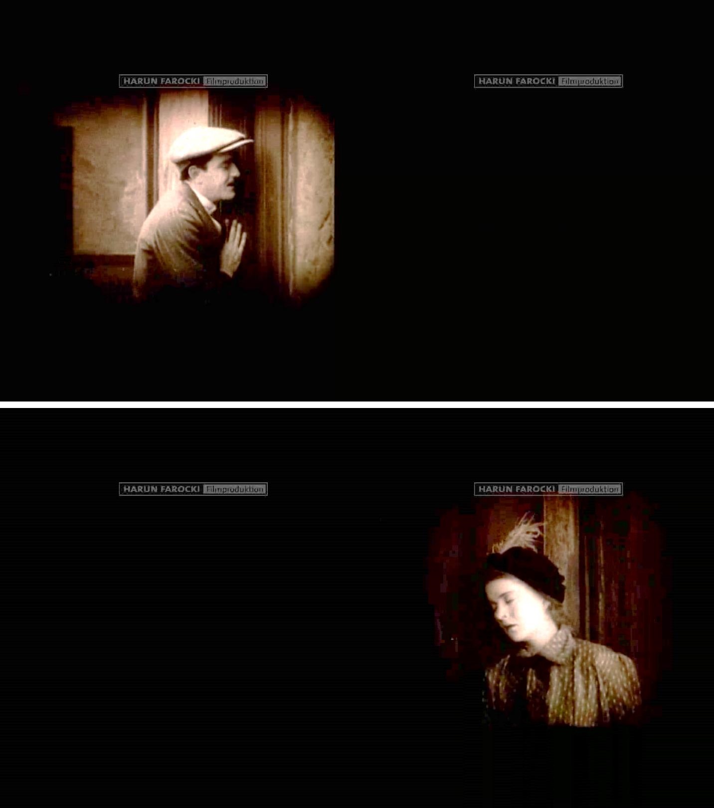 Figs. 5-6. Lovers on two sides of a door, two ends of a cut, in   Zur Bauweise des Films bei Griffith / On Construction of Griffith’s Films  (Harun Farocki, 2006), two-channel video. Courtesy Antje Ehmann and Harun Farocki Filmproduktion. Film stills © Harun Farocki GbR, Berlin. 