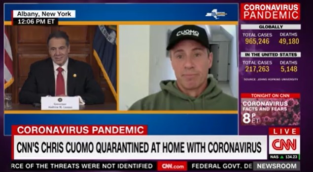 Figure 2: CNN's Chris Cuomo (broadcasting from his basement while suffering from coronavirus) appears alongside his brother Governor Andrew Cuomo. Figure 2: CNN's Chris Cuomo (broadcasting from his basement while suffering from coronavirus) appears alongside his brother Governor Andrew Cuomo.