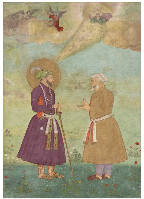 Figure 1: Shah Jahan with Asaf Khan (detail from folio). The late Shah Jahan Album. Painted by Bichitr, c. 1650. Opaque watercolor and gold on paper mounted on paperboard, 36.9 x 25.3 cm. Source: © Arthur M. Sackler Gallery, Smithsonian Institution, Washington, D.C.: Purchase—Smithsonian Unrestricted Trust Funds, Smithsonian Collections Acquisition Program, and Dr. Arthur M. Sackler, S1986.403 Figure 1: Shah Jahan with Asaf Khan (detail from folio). The late Shah Jahan Album. Painted by Bichitr, c. 1650. Opaque watercolor and gold on paper mounted on paperboard, 36.9 x 25.3 cm. Source: © Arthur M. Sackler Gallery, Smithsonian Institution, Washington, D.C.: Purchase—Smithsonian Unrestricted Trust Funds, Smithsonian Collections Acquisition Program, and Dr. Arthur M. Sackler, S1986.403