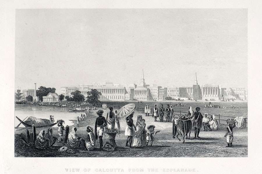 Figure 1.: An 1858 engraving showing Calcutta from the esplanade. British troops and a lady with her children can be seen mixing with Indians. Engraver unknown. Photo by D. Walker. Figure 1.: An 1858 engraving showing Calcutta from the esplanade. British troops and a lady with her children can be seen mixing with Indians. Engraver unknown. Photo by D. Walker.