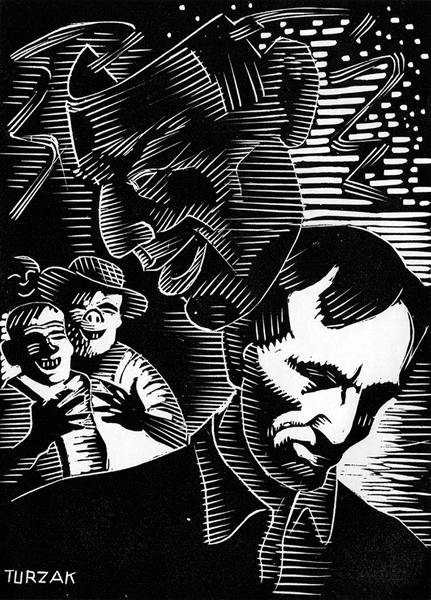 Figure 2. The Dual Personality, woodcut, 1932–33, from Abraham Lincoln: Biography in Woodcuts (1933). Figures 3 through 11 also are from this source and are the same scale. Figure 2. The Dual Personality, woodcut, 1932–33, from Abraham Lincoln: Biography in Woodcuts (1933). Figures 3 through 11 also are from this source and are the same scale.