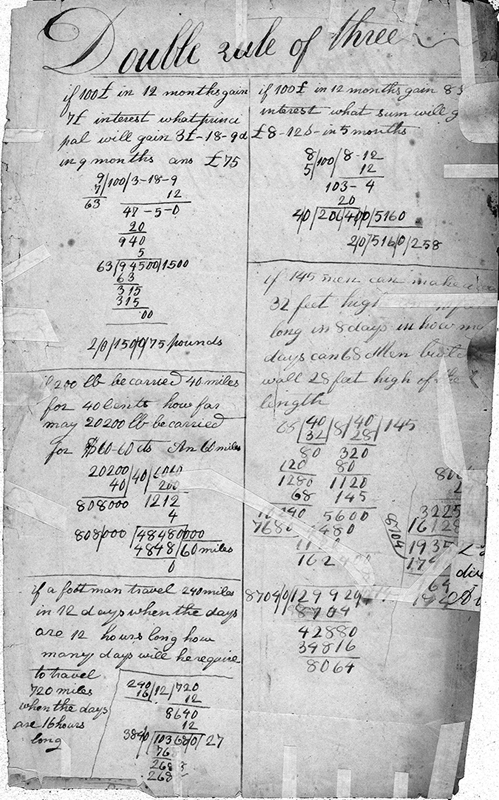 Figure 1. The first of the “double rule of three” pages held in the Houghton Library at Harvard University. Page from Abraham Lincoln’s mathematical exercise book, c. 1825. MS Am 1326. Gift of Christian A. Zabriskie, 1954. Houghton Library, Harvard University. Figure 1. The first of the “double rule of three” pages held in the Houghton Library at Harvard University. Page from Abraham Lincoln’s mathematical exercise book, c. 1825. MS Am 1326. Gift of Christian A. Zabriskie, 1954. Houghton Library, Harvard University.
