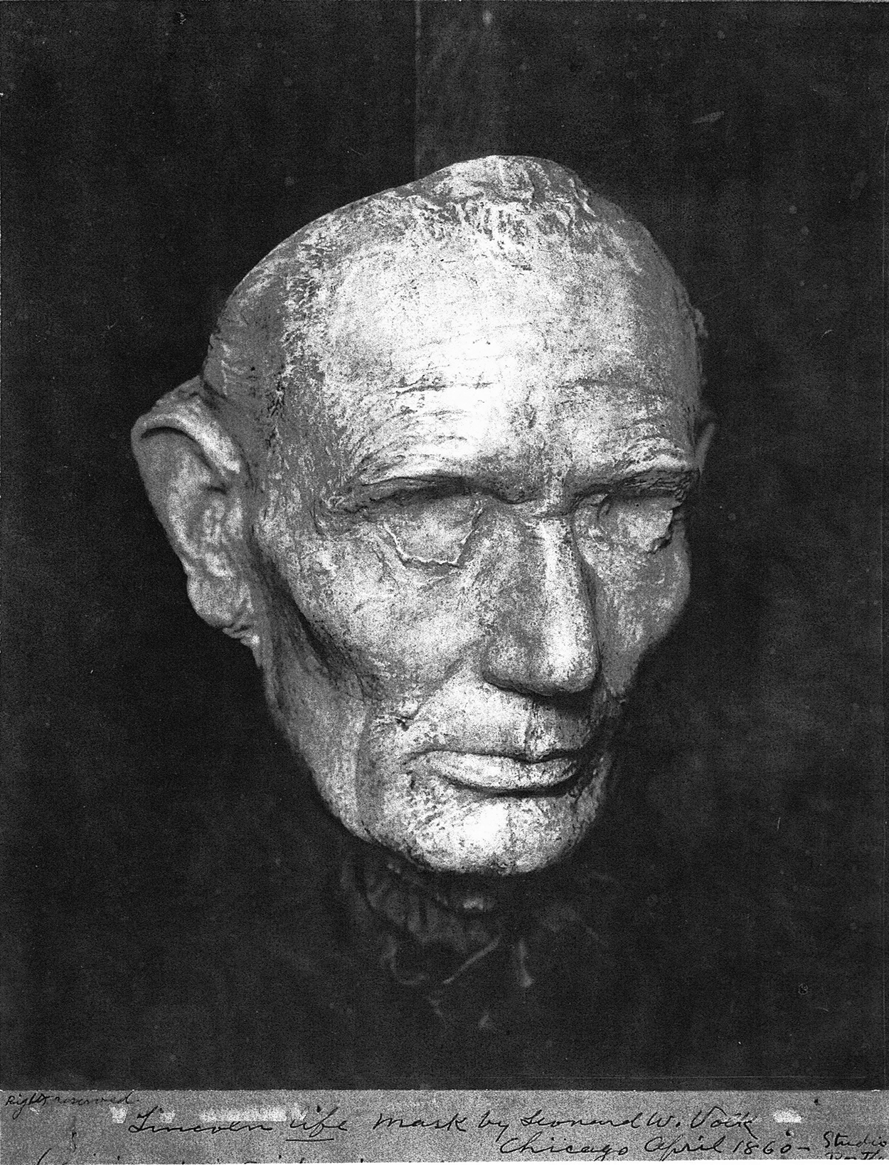 Figure 2. Volk cast the life mask and hands of Lincoln in 1860. Later, Douglas Volk, the sculptor’s son, planned a subscription whereby those originals were acquired for the National Museum (the Smithsonian Institution) in 1888. Several years before that undertaking, the elder Volk arranged for the casting of three replicas of the original mask; a photograph of one is shown here. (Courtesy of Abraham Lincoln Presidential Library.) Figure 2. Volk cast the life mask and hands of Lincoln in 1860. Later, Douglas Volk, the sculptor’s son, planned a subscription whereby those originals were acquired for the National Museum (the Smithsonian Institution) in 1888. Several years before that undertaking, the elder Volk arranged for the casting of three replicas of the original mask; a photograph of one is shown here. (Courtesy of Abraham Lincoln Presidential Library.)